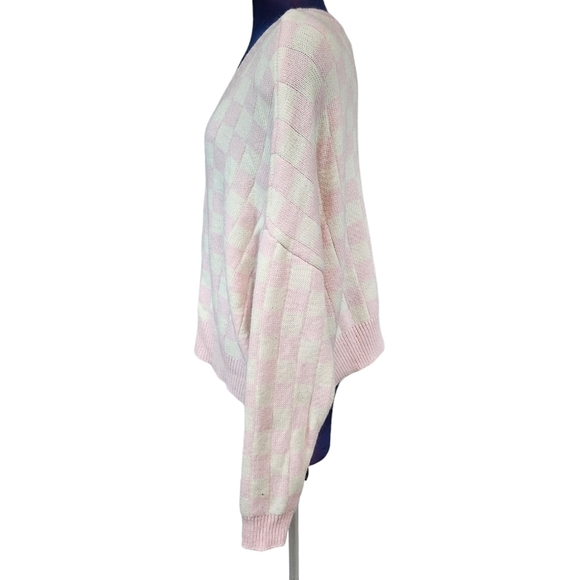 Just Polly Pink & White Checkered Button Front Cardigan Sweater Size Large V45 - Picture 3 of 8